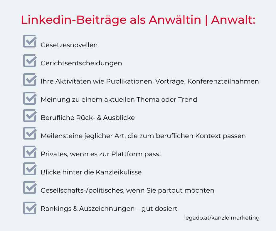 Inhalte und Anlässe fürLinkedin-Posts als Anwalt-Kanzleimarketing